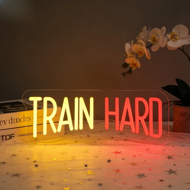 

Неоновая мотивационная вывеска TRAIN HARD с желтыми и красными светодиодами для фитнеса, декор для дома, спортзала, офиса, спальни, настенное украшение, праздничное освещение, подарок