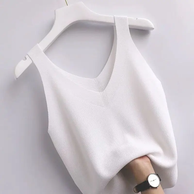 

Fashion Korean Gray Sleeveless Elegant Knitted Women's Sweater Vest Sweet Solid Casual V Neck Tank Top Summer New 2025