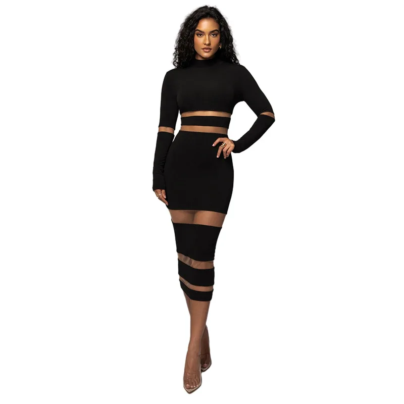 Patchwork Bodycon Sexy Midi Dress For Women 2023 Autumn Winter New Turtleneck Long Sleeve Club Party Sexy Dress Elegant