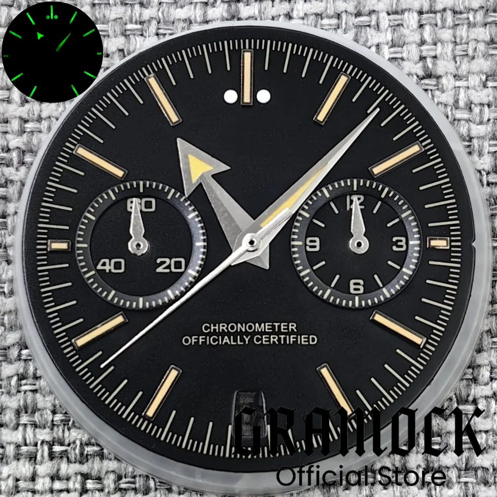 GRAMOCK 31.5mm VK64 Quartz Black/Neay/Grey Watch Dial With Silber Beige 5-pin Watch Hands Luminous Fit VK64 Quartz Movement