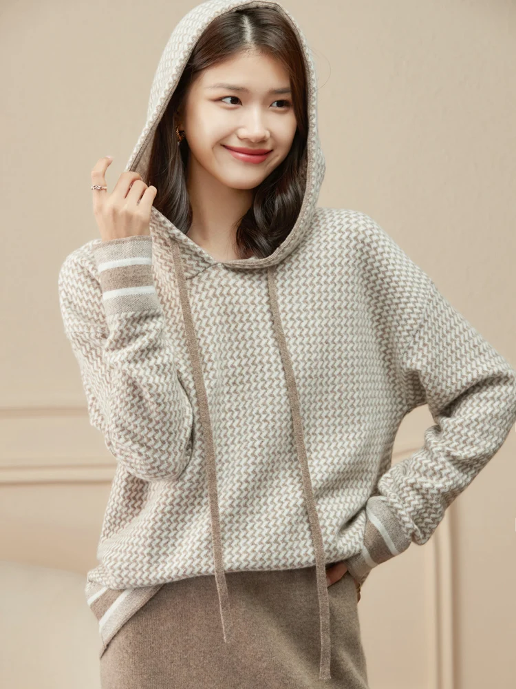 

Thick Autumn Winter Woman Sweater 100% Merino Wool Knitwear Hooded Pullover Striped Loose Long Sleeve Clothing Tops Lady Jumper