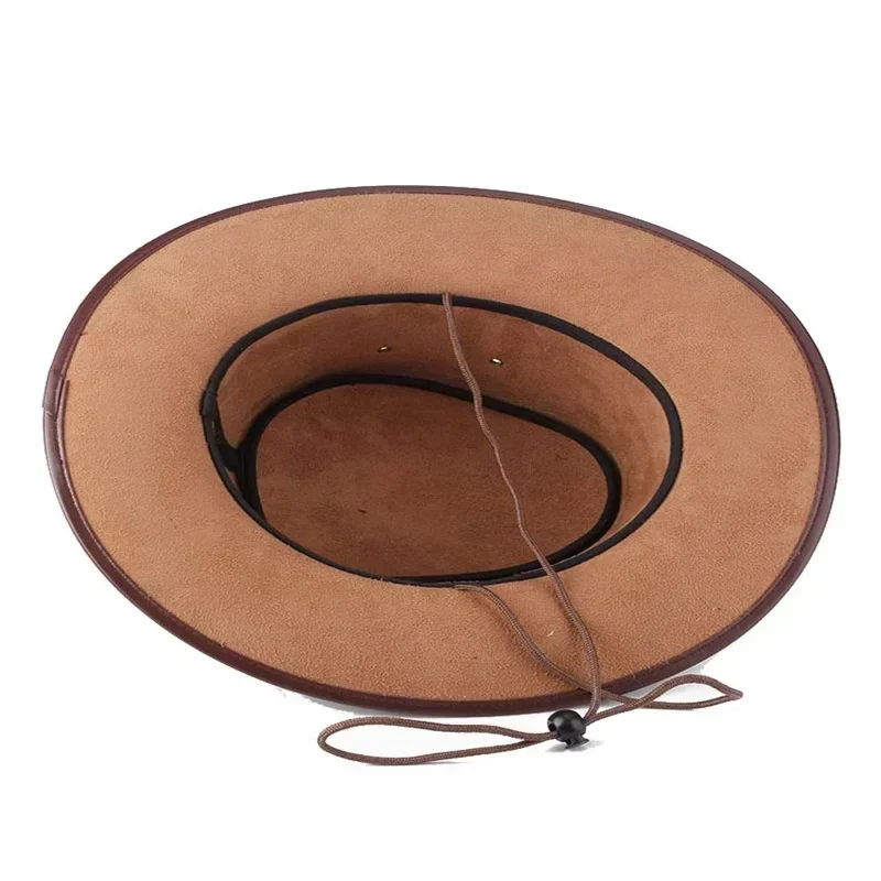 2025Combhasaki Cappelli da cowgirl western da uomo con cordino regolabile in pelle artificiale a tesa larga moda outdoor unisex parasole