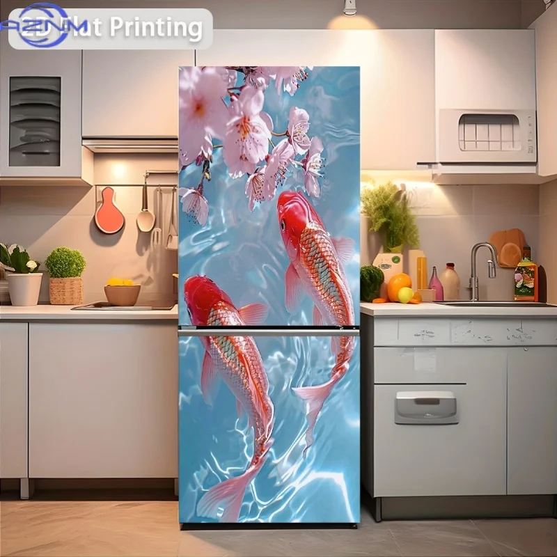 1pc 2D Pattern Printed Refrigerator Sticker , The Pattern Is Two Koi Playing with Cherry Blossoms, Wall Sticker Decoration Wal