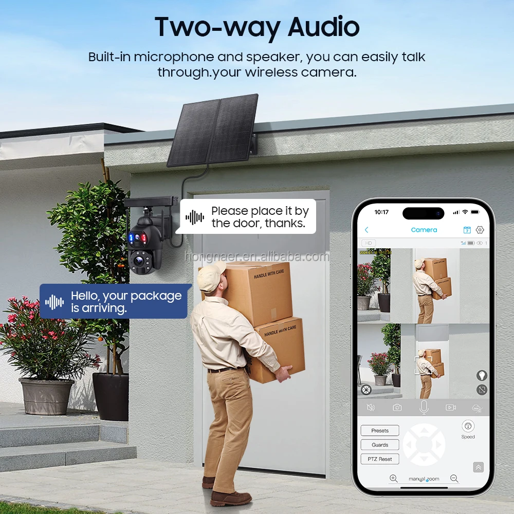 Kamera CCTV PTZ Solar Nirkabel 4G Hongnaer Mode 7/24 Zoom 20X Lensa Ganda Keamanan Luar Ruangan Kamera Solar Kartu SIM 4G