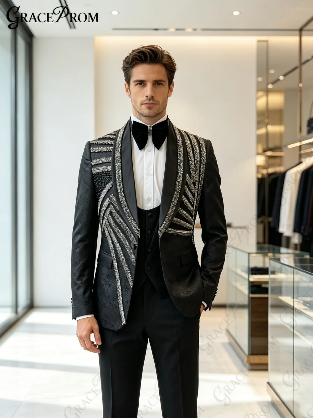 

Luxury Pearl Beaded Rhinestone Men Suit Formal Groom Wedding Tuxedo Shawl Lapel Prom Party Business Male Blazer Vest Pants Set
