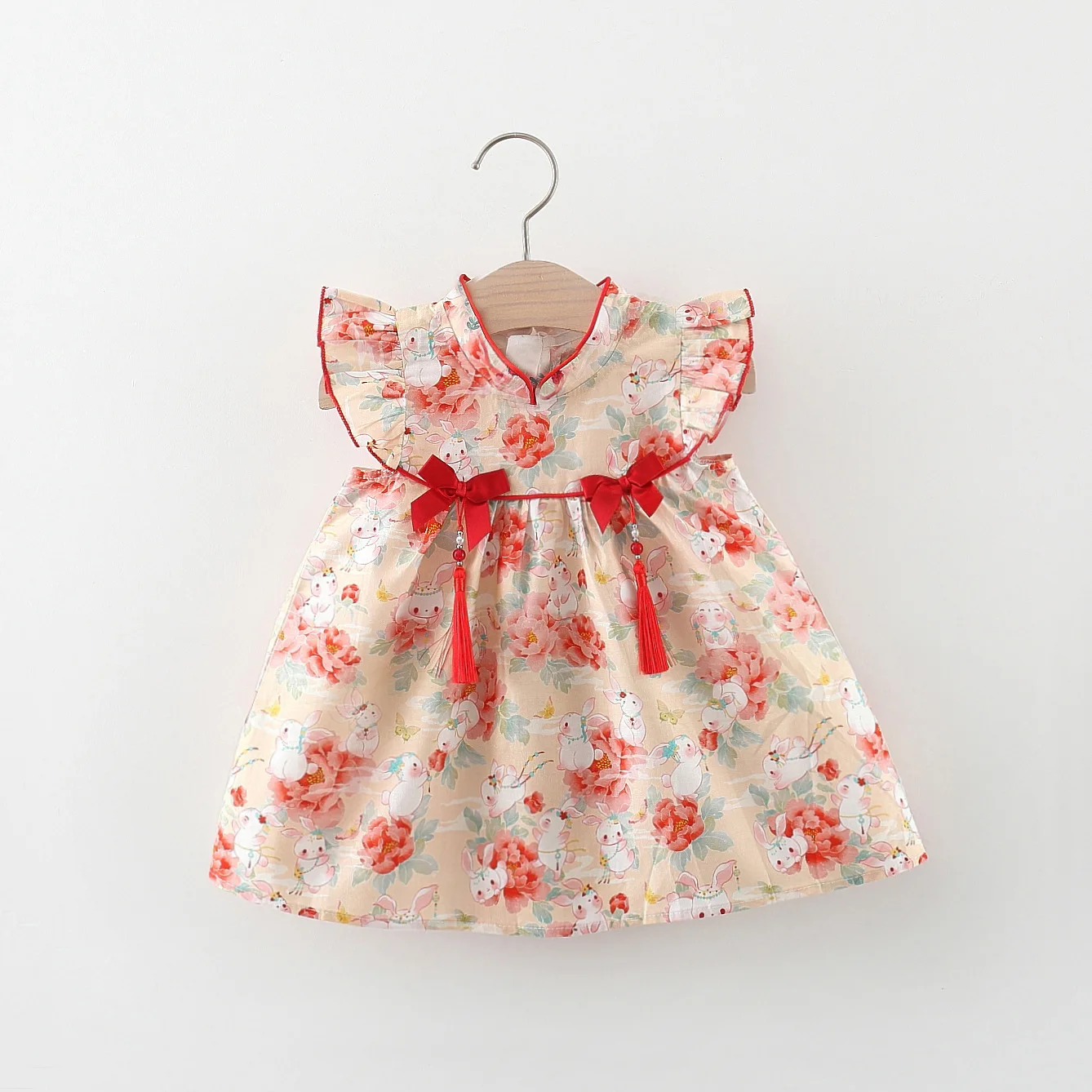 Summer New Girl Baby Dress Chinese Style Bow Tassel Cheongsam Neckline Little Rabbit Flower Print Princess Dress