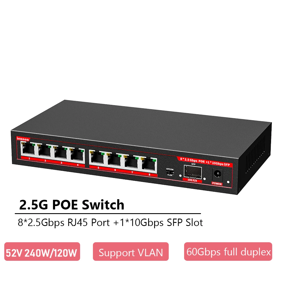 9-Ports 2.5G Switch 240W 8 Port 2.5GBASE-T POE Switch with 10G SFP+ Slot Mutil-Gigabit Network Etherent Switch Plug and Play