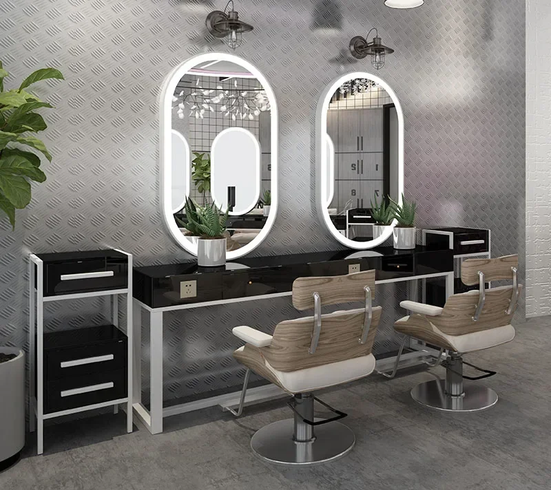 Cheap Large Full Length Gold Styling Barber Salon Furniture Hairdressing Makeup Beauty Salon Led Mirror Station with Table