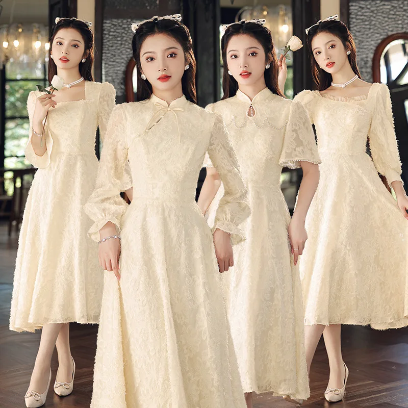 

Champagne Color Long Sve Maids Dr Women's Faion Wedding Fairy T Sle Sister up Gown Can Be Worn on Daily Basis