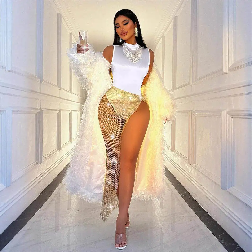 

Sexy Long Diamond Mesh Skirt Set with High Slit And Strap for Women Trendy Autumn Seven Sleeve Fashionable Binding Design