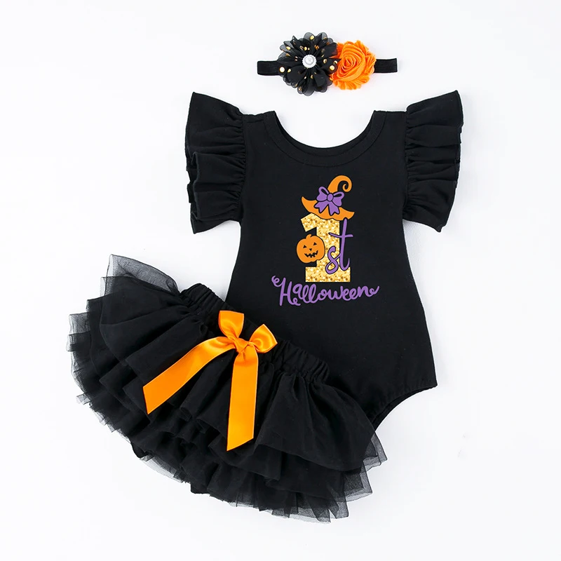 Black Halloween Outfits Baby Girl Flying Sleeves Bodysuit with My First Halloween Cake Smash Bloomer Headband Party Clothes