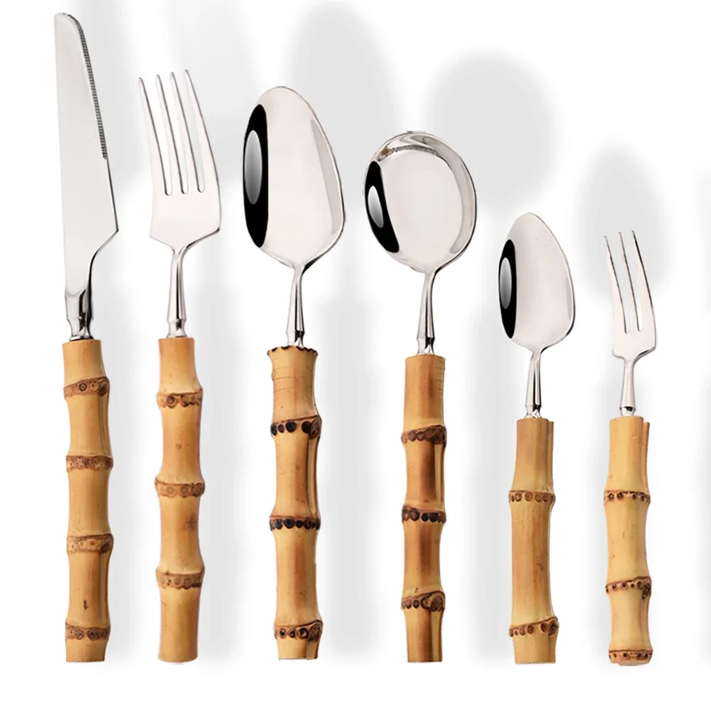1Pcs Natural Bamboo Handle Cutlery Set Stainless Steel Dinnerware Kitchen Silverware Flatware Dinner Forks Spoon Knife Tableware