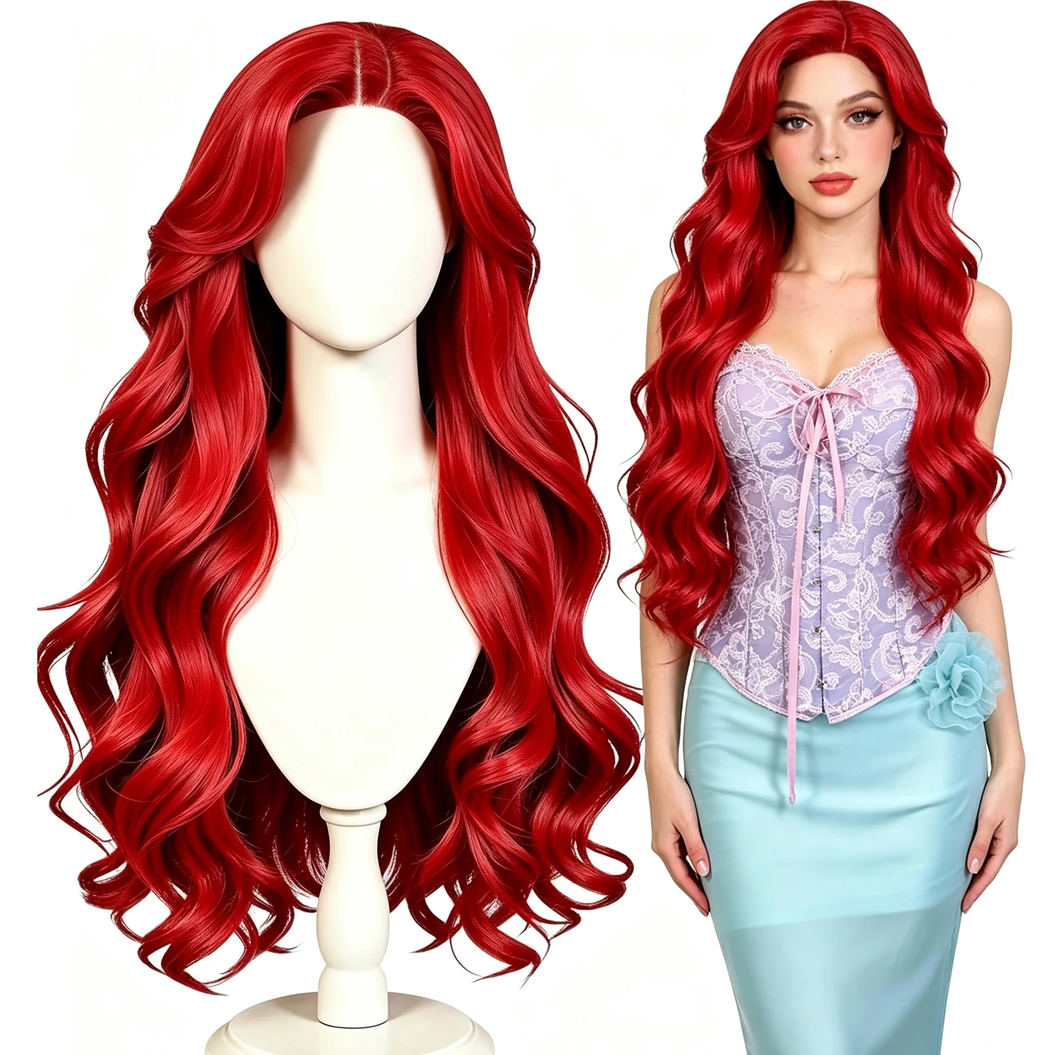 Wig Long Red Curly Wavy Wigs ,for Halloween Party Cosplay Stage,Women Costume Red Braided Princess Wig