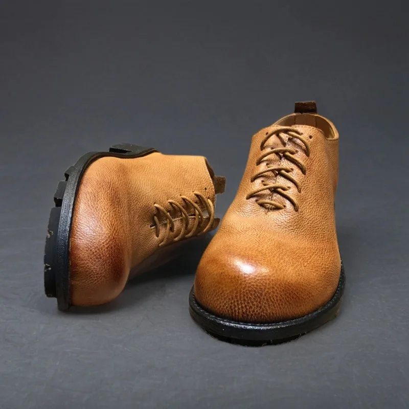 Handmade Casual Round Toe Thick Sole Cowhide Shoes Men British Fashion Oxfords Genuine Leather Motorcycle Leather Shoes Male