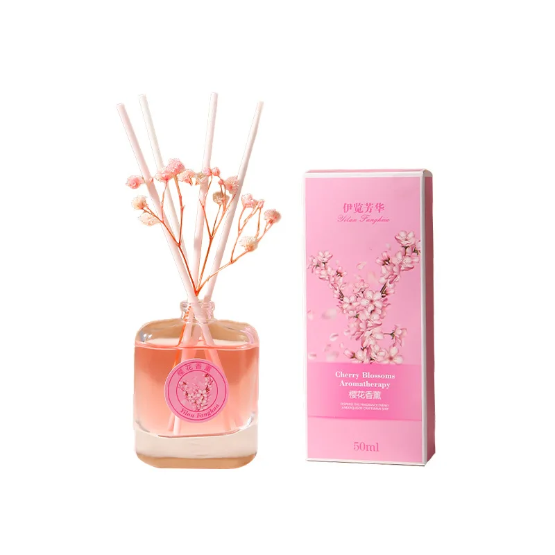 50ml Square Reed Diffuser Bottle with Sakura Essential Oil Diffuser Sets Hotel Home Aromatherapy Air Freshener Home Fragrance