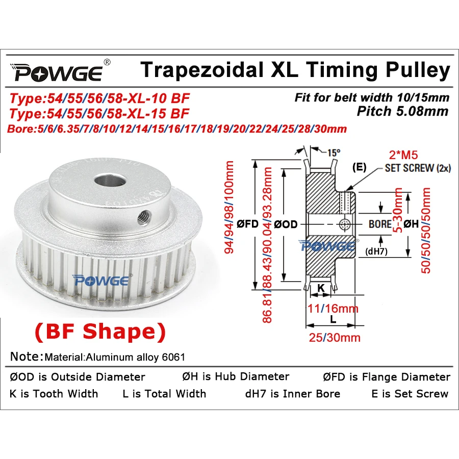 

POWGE Treapezoidal 58 56 55 54 teeth XL Timing Pulley BF shape Bore 8-30mm for Belt width 10/15mm 58T 56T 55T 54T 58teeth