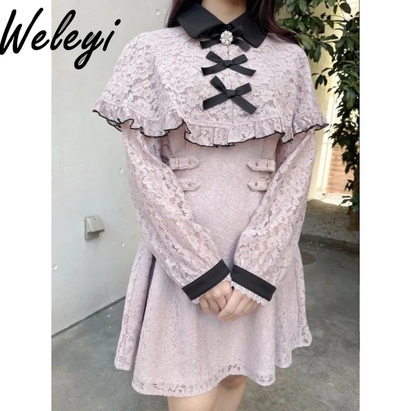 Woman Clothes Bow Long Sleeved Dress 2024 Spring and Autumn Fashion Streetwear New Fake Two Piece V Neck Lace Elegant Long Frock