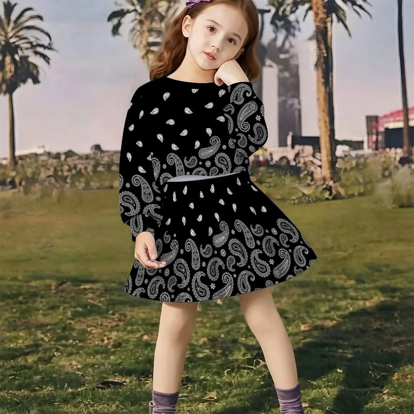 Lovely Kawaii Fairy Style Girls Outfit Long Sleeve Print Top A-line Skirt  Soft Breathable  For Wedding Flower Girl Party