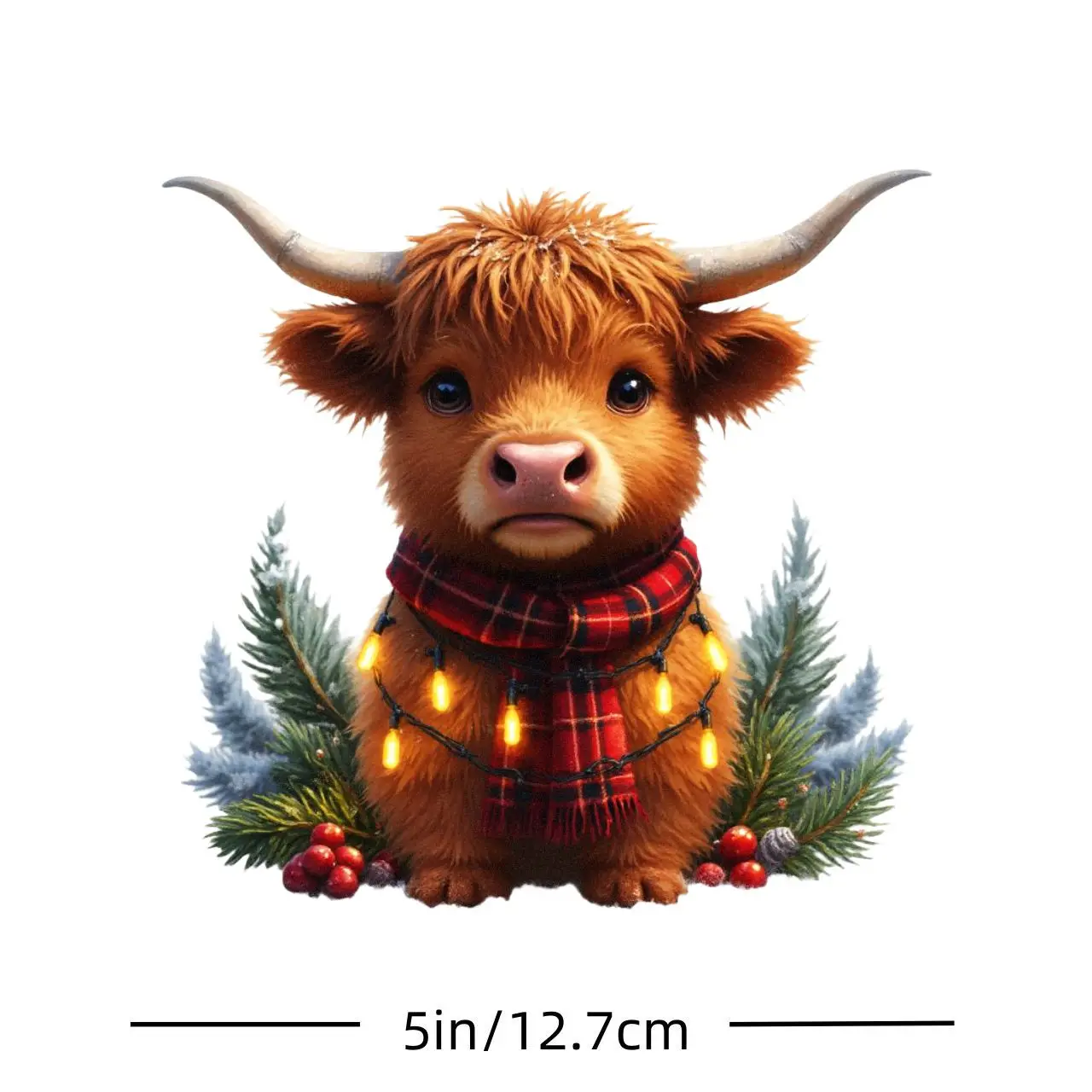 1Pc Christmas Highland Cow Vinyl Sticker, Festive Decal With Plaid Scarf Xmas Lights For Car Laptop Window Decor