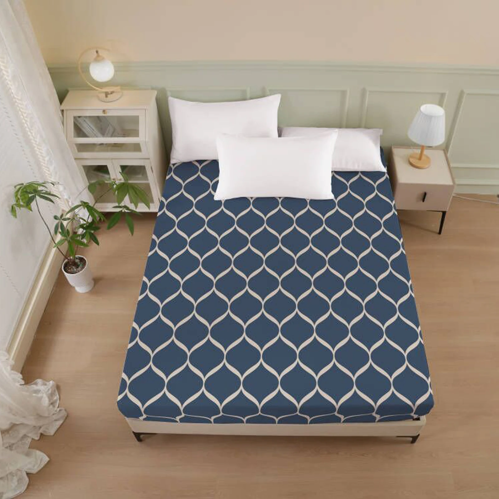 Geometric Pattern Polyester Fiber Three-Dimensional Dirt-Resistant Fitted Sheet, Soft and Comfortable Printed Fitted Sheet, 1-Piece Mattress Cover (Excluding Pillowcase, Pillow Core), Polyester Five-Sided Wrapped Patterned Fitted Sheet, Suitable for Bedroom, Dormitory, Guest Room, All-Season Use, Machine Washable