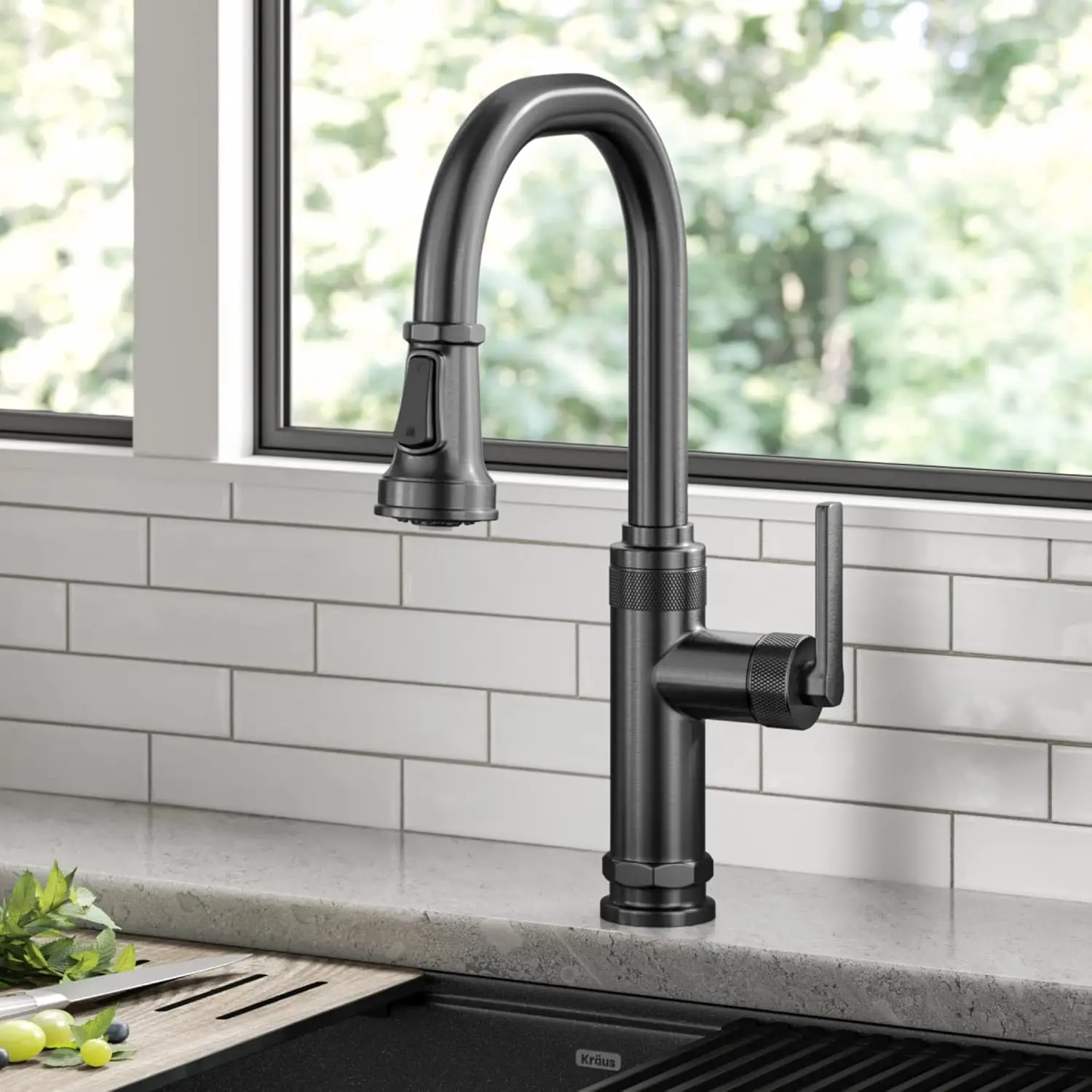 Allyn Industrial Pull-Down Single Handle Kitchen Faucet in Spot-Free Black Stainless Steel, KPF-4102SFSB