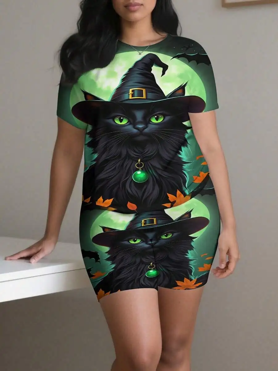 

Womens Plus Size Short Sleeve Dress With 3D Black Cat Witch Hat Green Eyes Print Casual Halloween Outfit