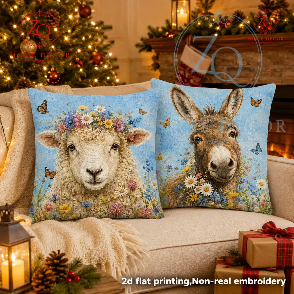 These soothing oil paintingstyle throw pillows feuring lambs adorned with flower wrehs gentle donkeys are perfect Christmas home