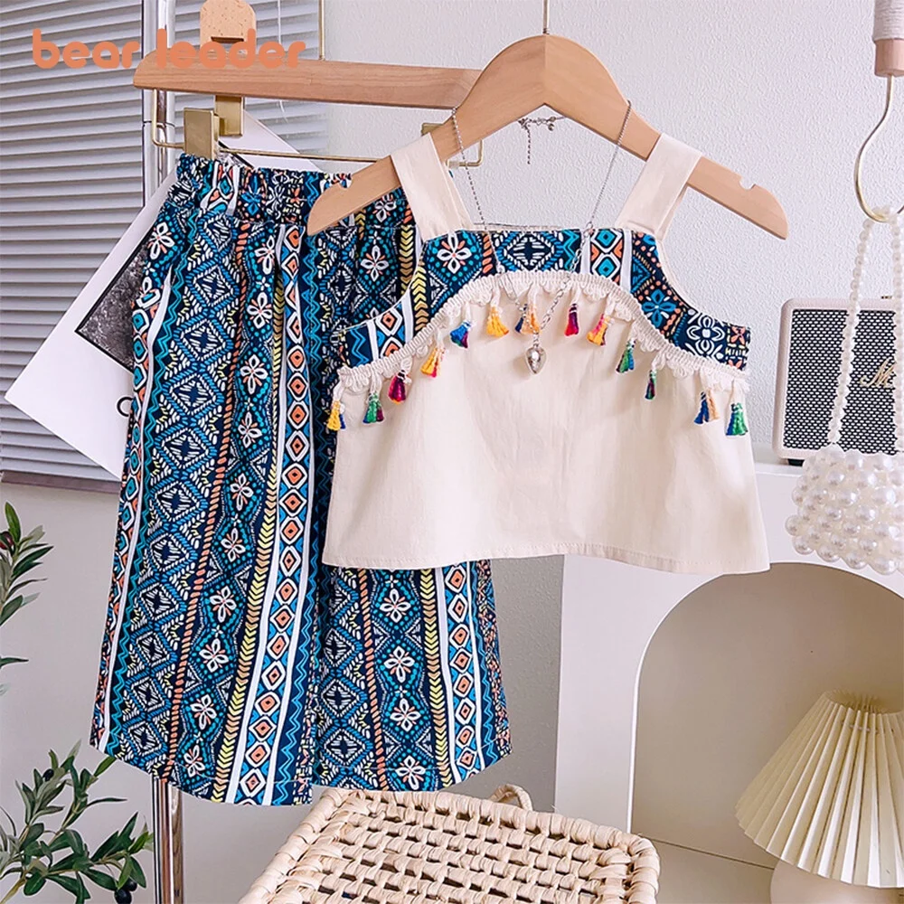 Bear Leader Bohemian Style 3-7 Years Girls Clothing Sets Summer Colorful Tassel Vest Top + Print Pants 2Pcs Suits Kids Clothes