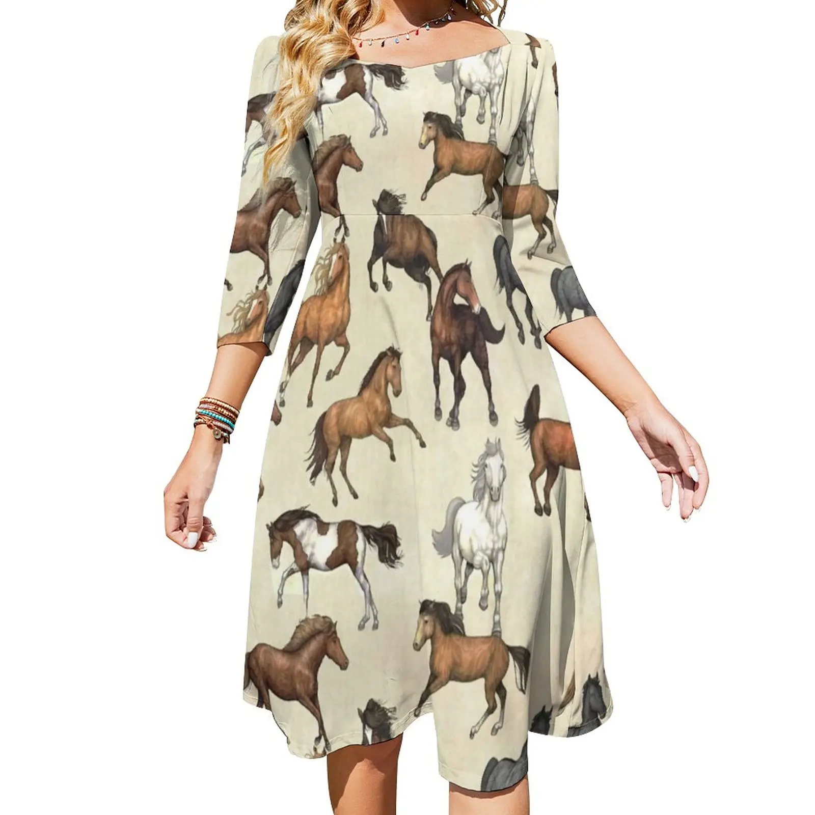 Sunset Horse Casual Dress Horses Riding Funny Aesthetic Dresses Three Quarter Cute Dress With Bow Female Print Oversized Vestido