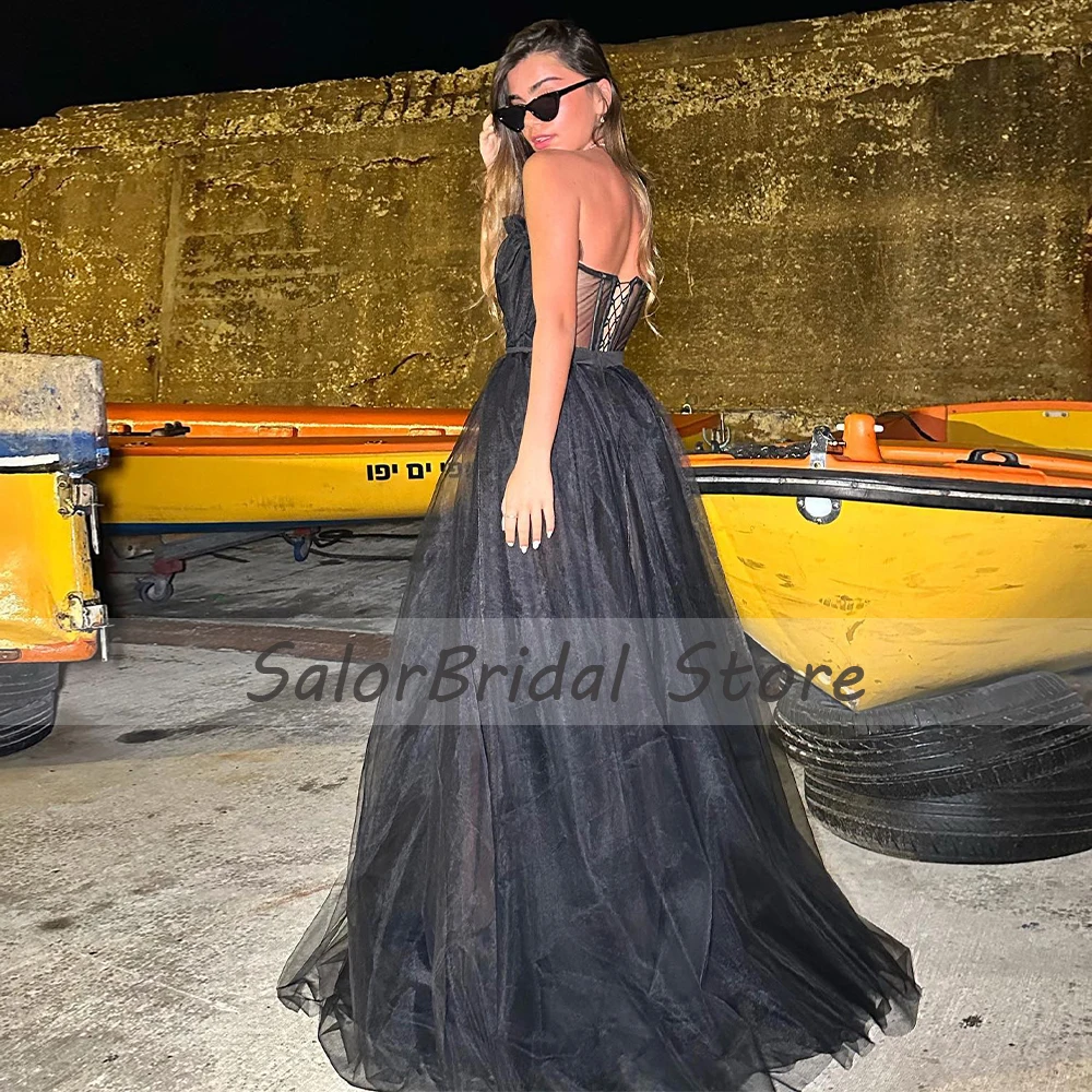 Sexy Prom Dresses for Youth Black Strapless Mini Jumpsuit Prom Gowns Long High Slit Detachable Train A Line Formal Party Dress