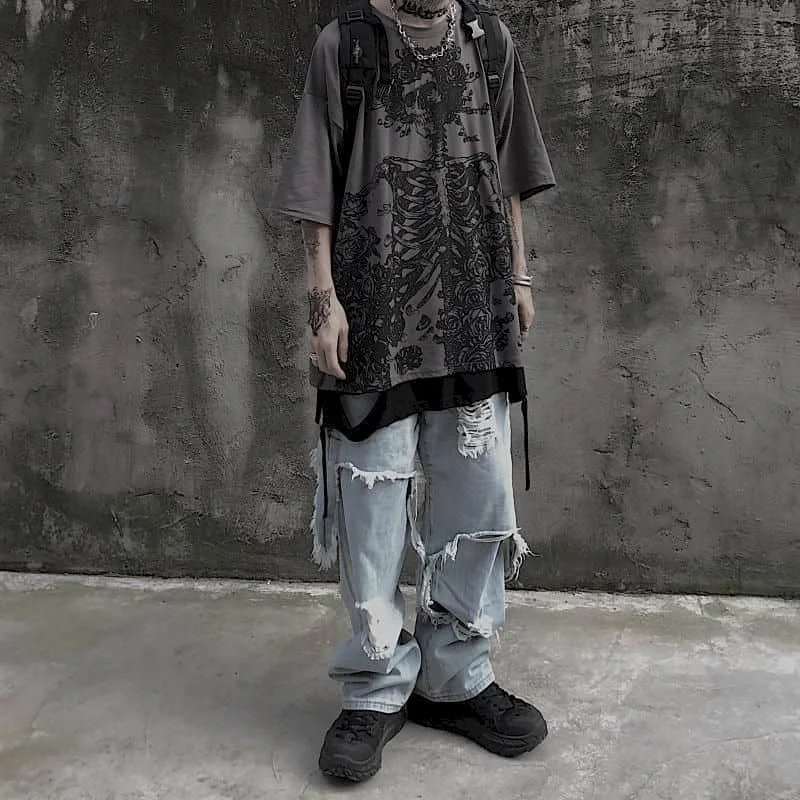 Herren T-Shirts 2026 Sommer Streetwear High Street Gothic Totenkopf T-Shirt Locker Geschnittenes Oversized Kurzarm-T-Shirt Dunkles Anime Herren Y2k – Detail 3