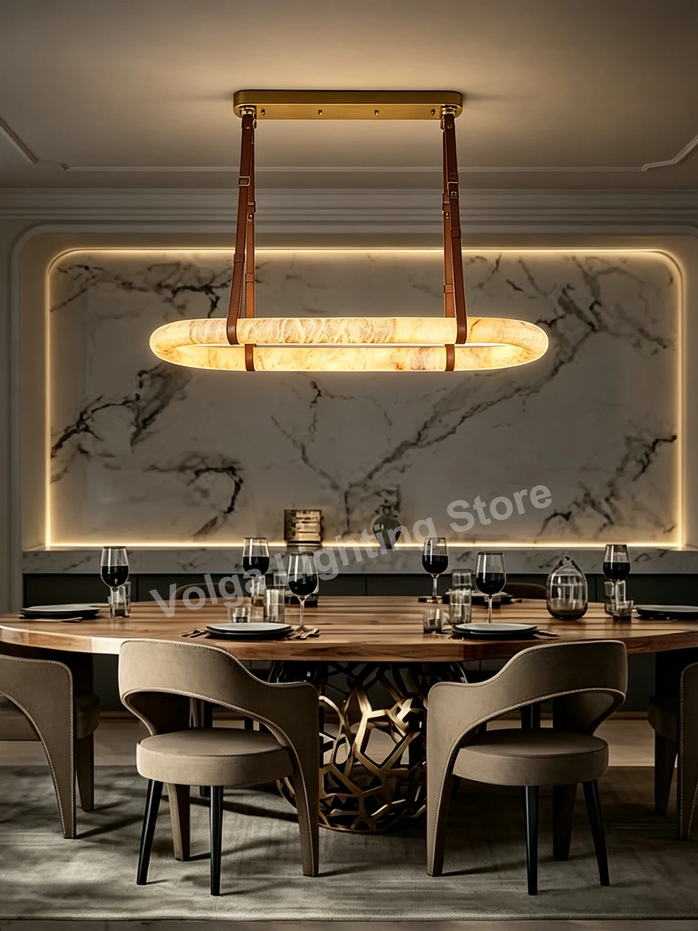 Modern Room Decor Oval Imitation Marble Pendant Lights, Dining Room Foyer Decoration Belt Light Fixture High-end Lighting