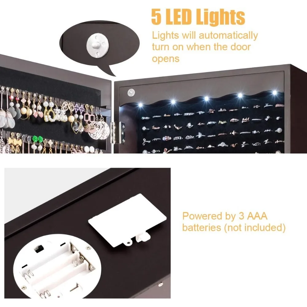 5 LEDs Mirror Jewelry Armoire Wall Mounted Door Hanging, Lockable Jewelry Cabinet with 47.5