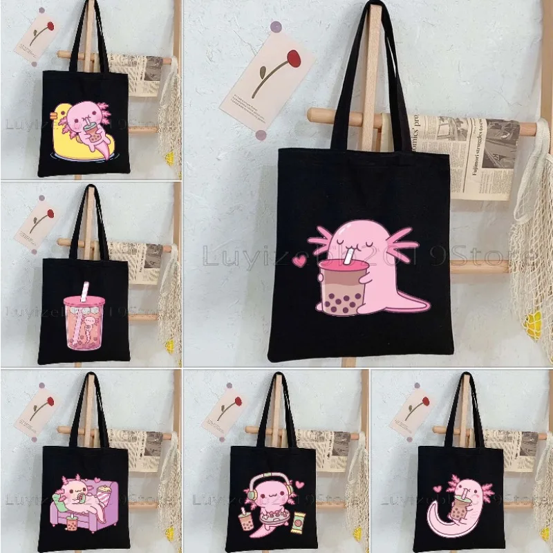 

Cute Cartoon Gifts Chilling Axolotl Drinking Bubble Tea Lovely Kawaii Canvas Tote Bag Shopper Handbags Reusable Shoulder Handbag
