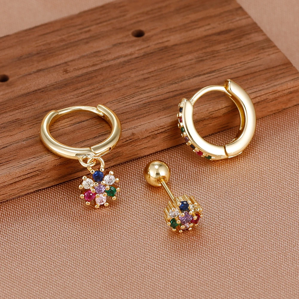3PCS Little Granule Crystal Flower Earrings Set for Women Gold Plated Hoop Earring Wedding Romantic Jewelry Gift
