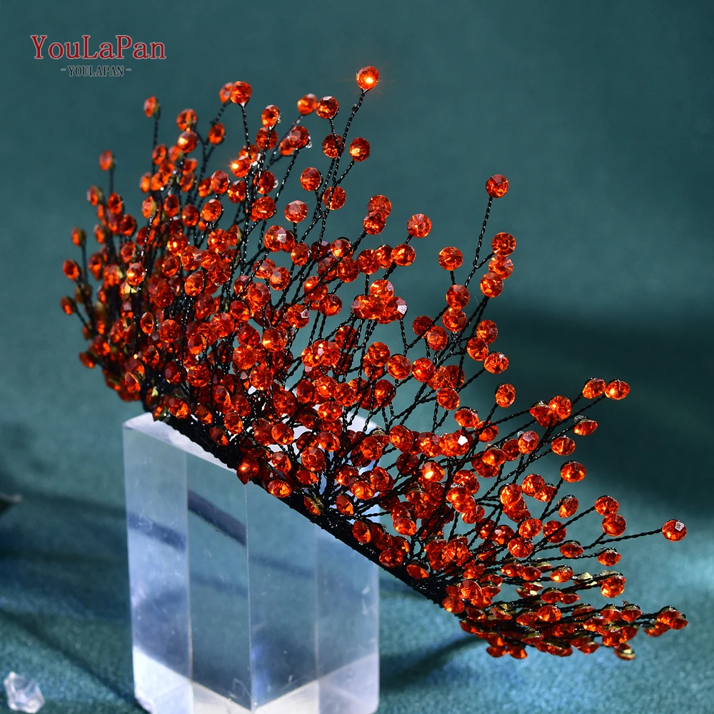 TOPQUEEN Orange red Color Rhinestone Bridal Crown Headband Handmade Wedding Headpiece Brides Fall Theme Party Accessories HP846