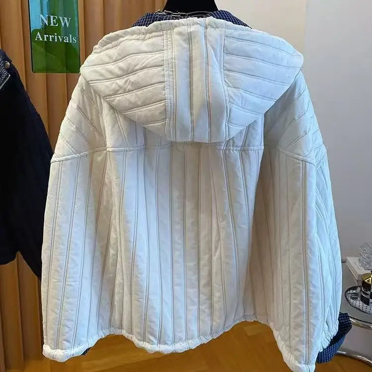 Hooded padded short jacket women's plaid splicing two-cotton jacket 2025 autumn new  cotton clothes thin cotton clothes