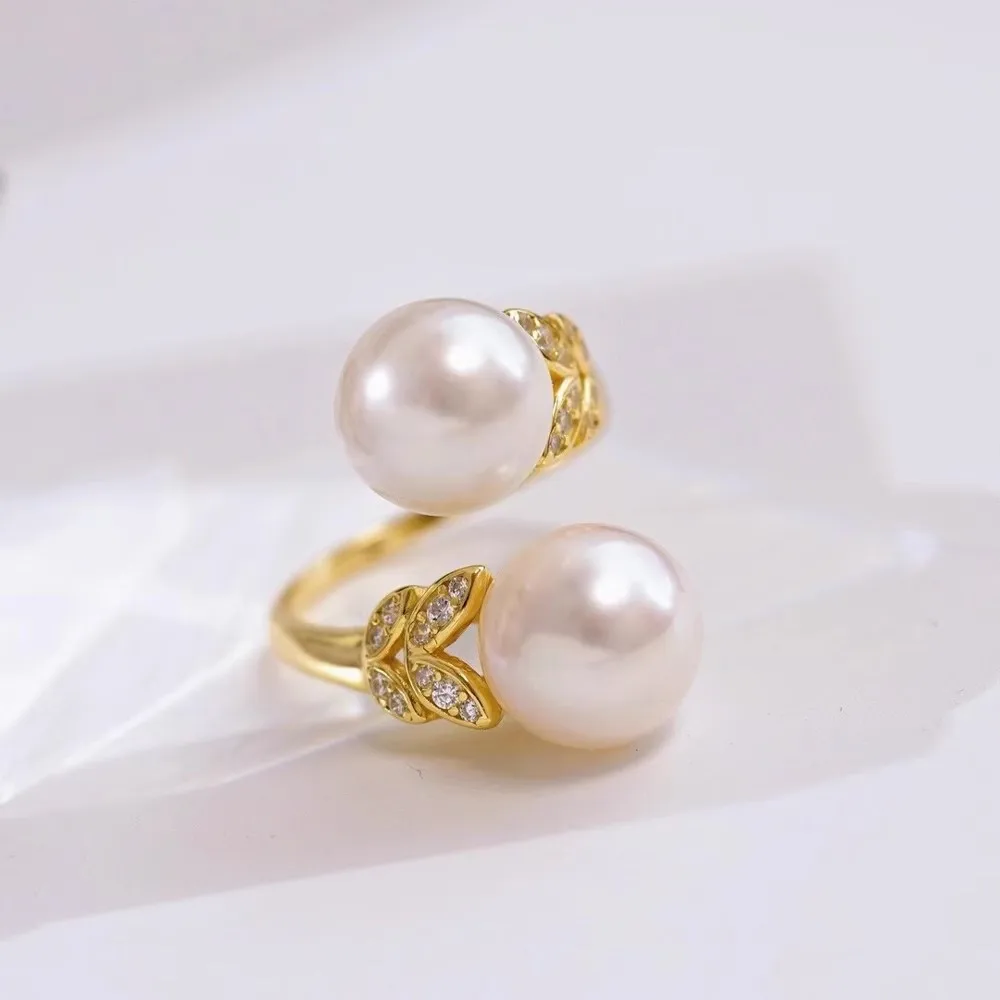 New Double Pearl Ring AAA 9-10m Natural Round Nanhai Pearl Ring 925 s