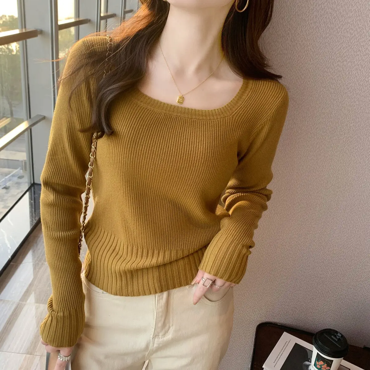 2023 Autumn Wnter Clothes Women\'s Sweater Square Collar Female New Knit Crop Pullover Korea Fashion Long Sleeve Top Woman Jumper