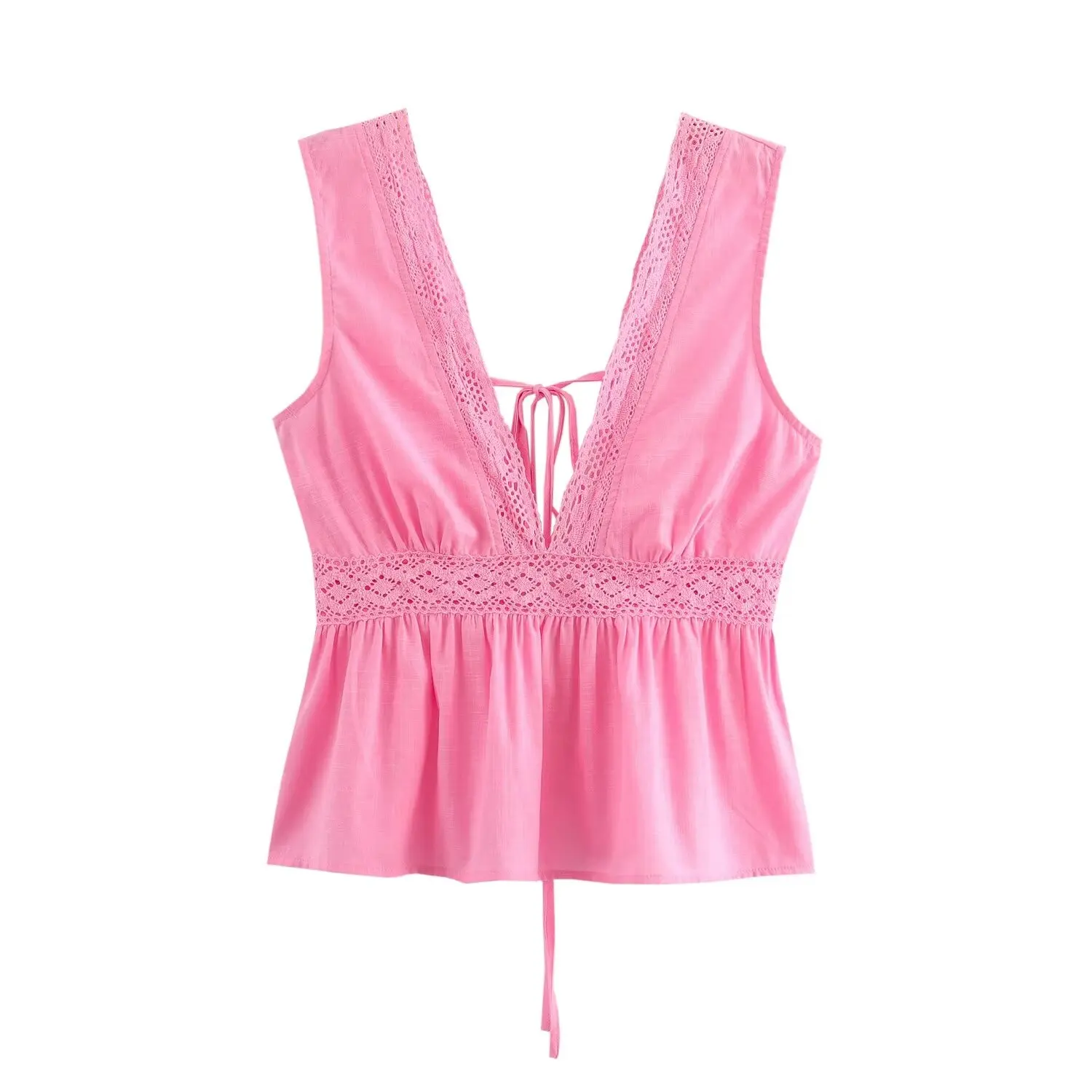 Dave&Di French Vacation Style V-neck Lace Patchwork Strap Sleeveless Blouse Women Top Casual Shirt