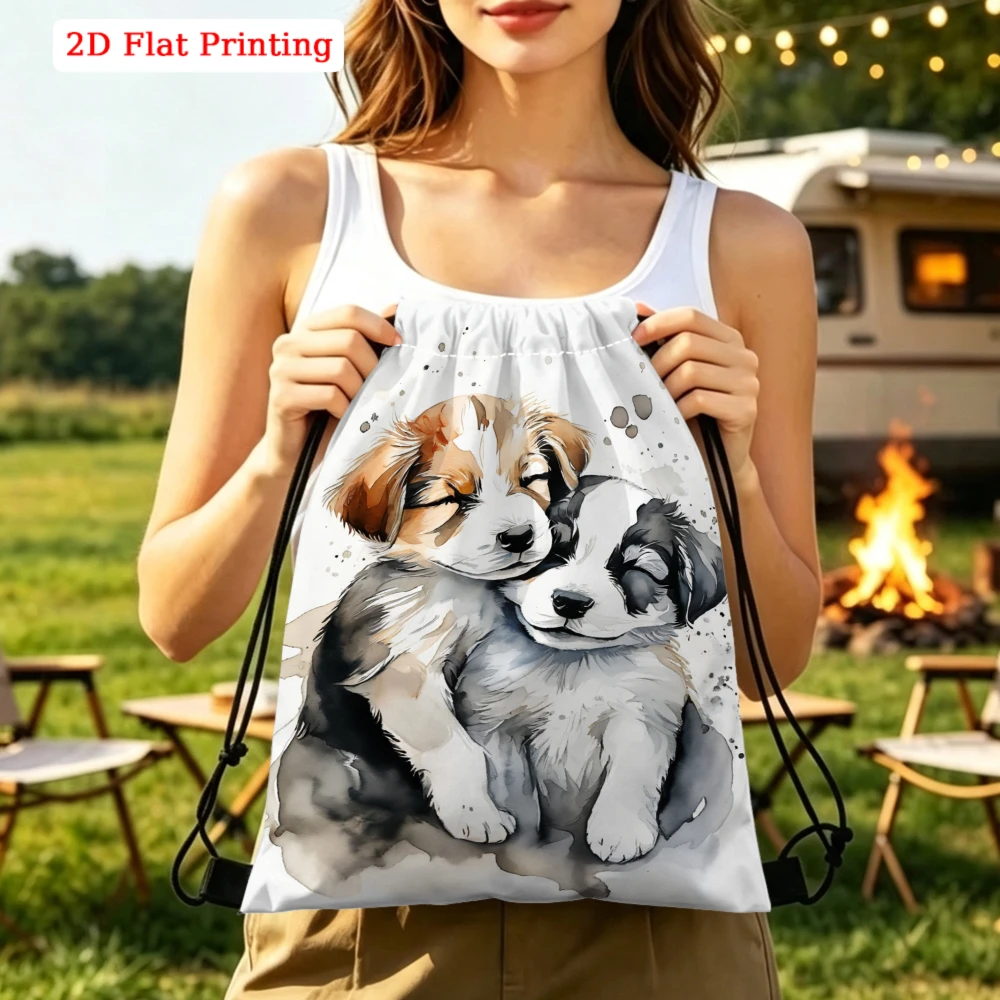 Cute Watercolor Style, Drawstring Backpack, 2D Flat Printing Sleeping Puppies Pattern, Fitness Sports Bag, Outdoor Travel Drawst