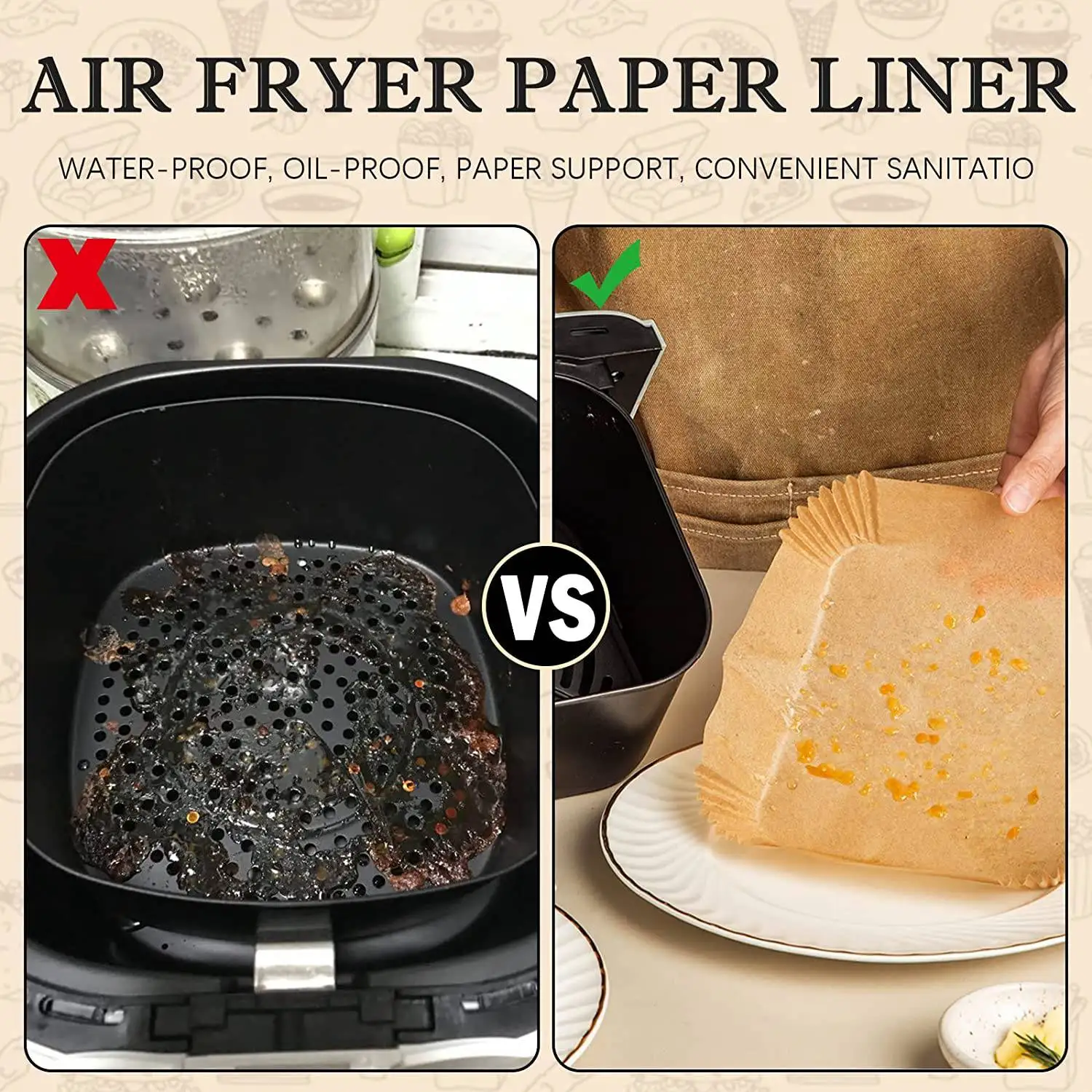กระดาษ parchment หม้อทอด Air fryer 50ชิ้นพร้อมแปรงทาน้ำมันแผ่นหม้อทอด Air fryer กระดาษรองหม้อทอด Air fryer สี่เหลี่ยมขนาด6.3นิ้วแบบใช้แล้วทิ้ง