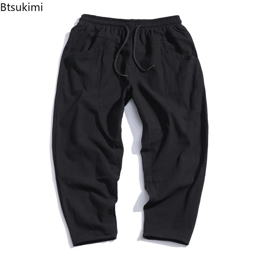 2025年 メンズ コットン クロップドパンツ ドローストリング レッグポケット ストレートパンツ 新スタイル アンクル丈 スウェットパンツ スクール 男性用 サマーパンツ