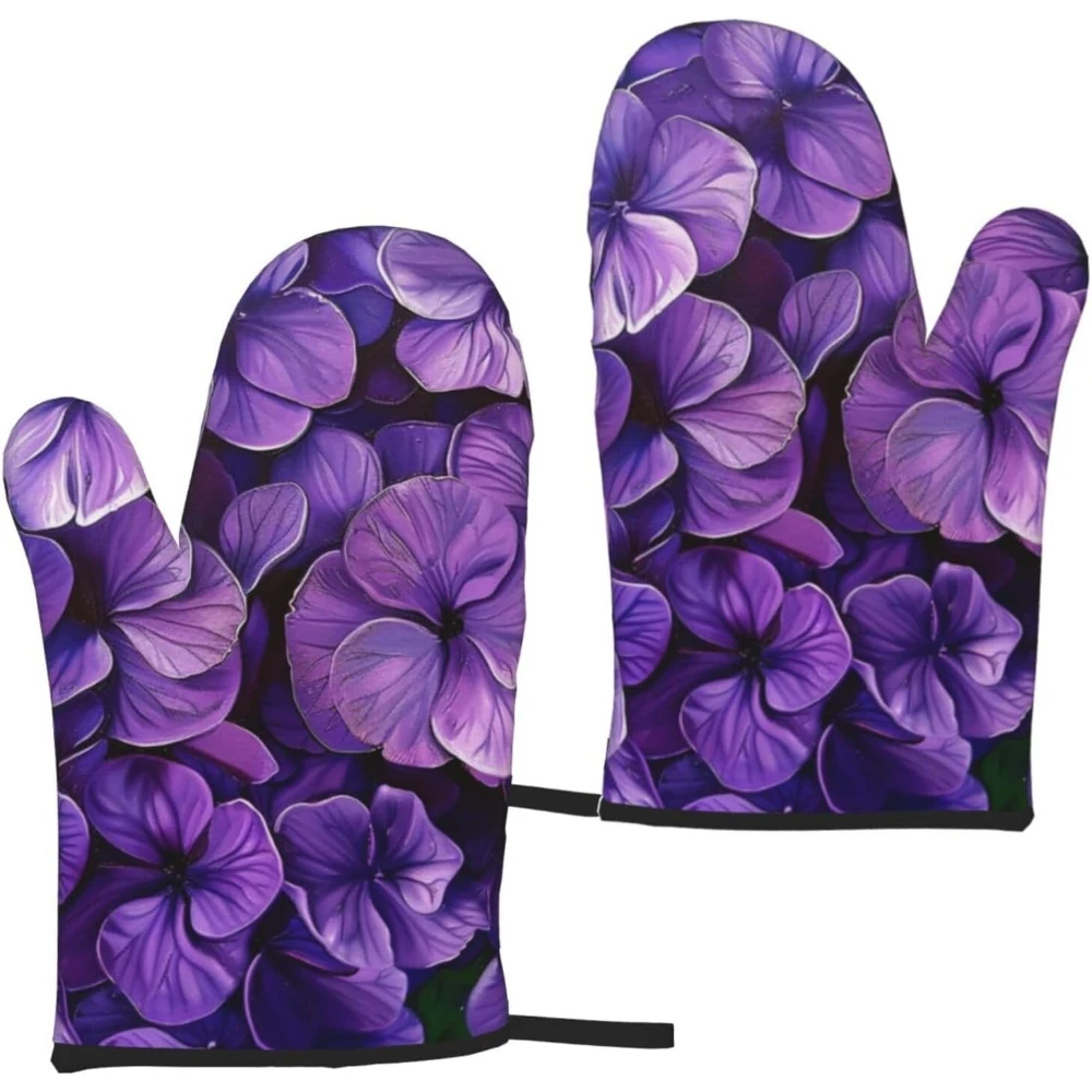 Violet Flower Printed Oven Mitts 2pcs - Heat Resistant Waterproof Fabric Oven Gloves for Kitchen, Baking, Barbecue