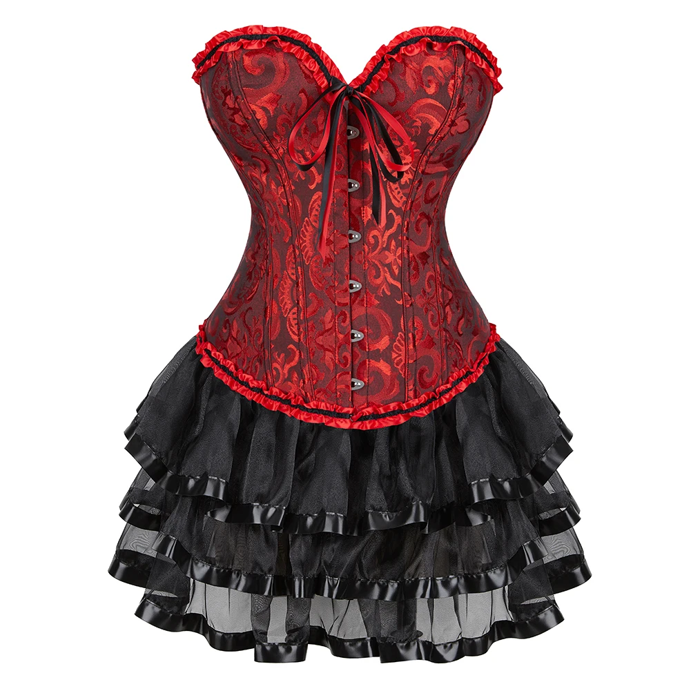 Sexy Corset Dress For Women Plus Size Overbust Burlesque Floral Lace Lingerie Bustier Top Gothic Tutu Skirt Victorian Costumes