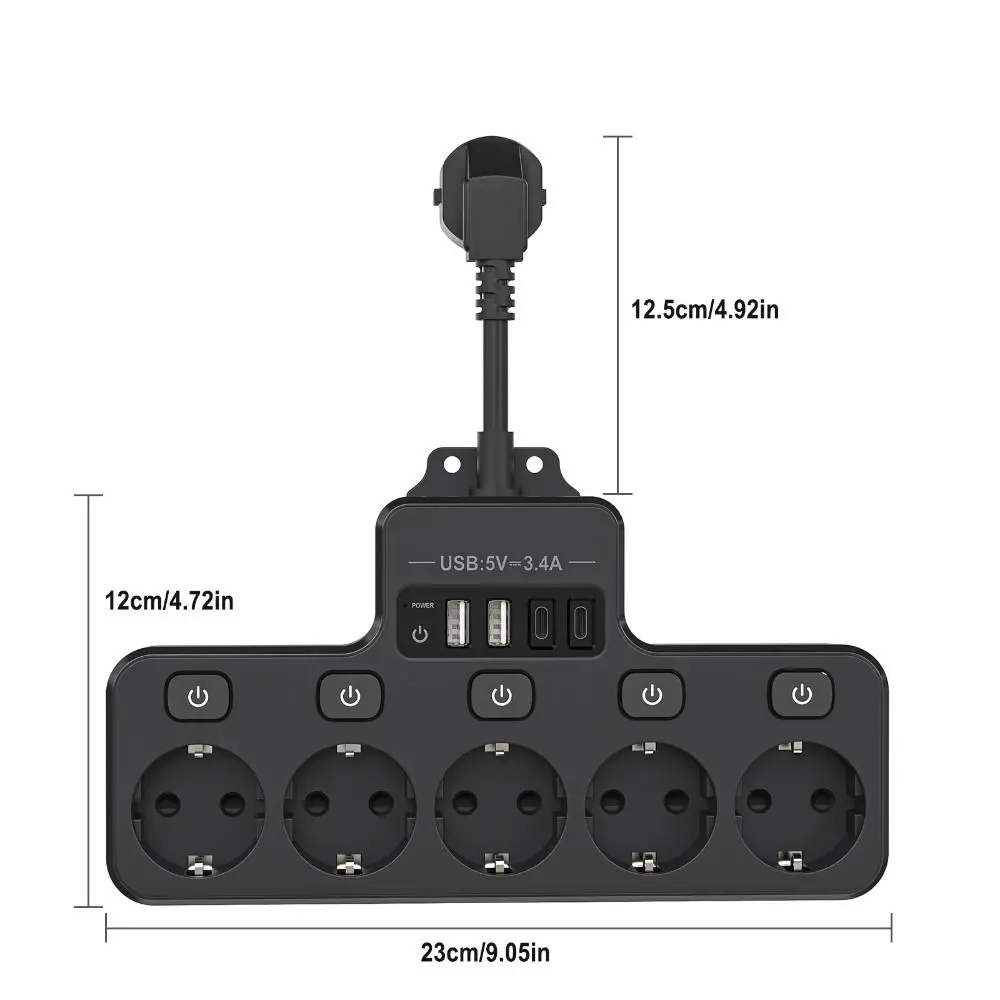 EU Plug Multi-plug Power Strip 2 Type-C พอร์ตชาร์จ 2 USB Power Adapter AC Outlet Power Strip Wall Power Socket สํานักงาน