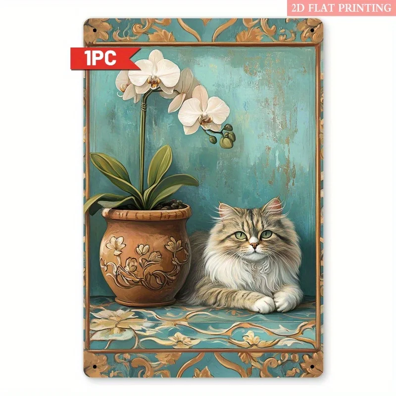 2D Flat, 2D Flat Retro Metal Sign 2D Flat, 1pc Vintage Orchid Cat Iron Metal Sign - 7.87x11.81inch Retro Wall Art with 3D Visual