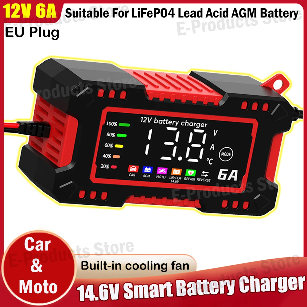 12V 6A Car Smart Battery Charger Digital Display Electric Motorcycles 14.6V 6A Charger For LiFePO4 Lead Acid AGM Battery Repair