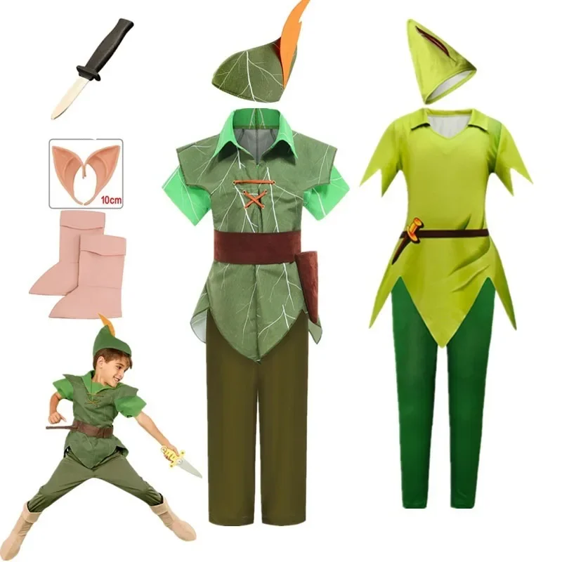 Halloween Kids Anime Boys Peter Pan Prince Cosplay Costume Green Elf Carnival Costumes for Child Birthday Party Toy Knife Suit