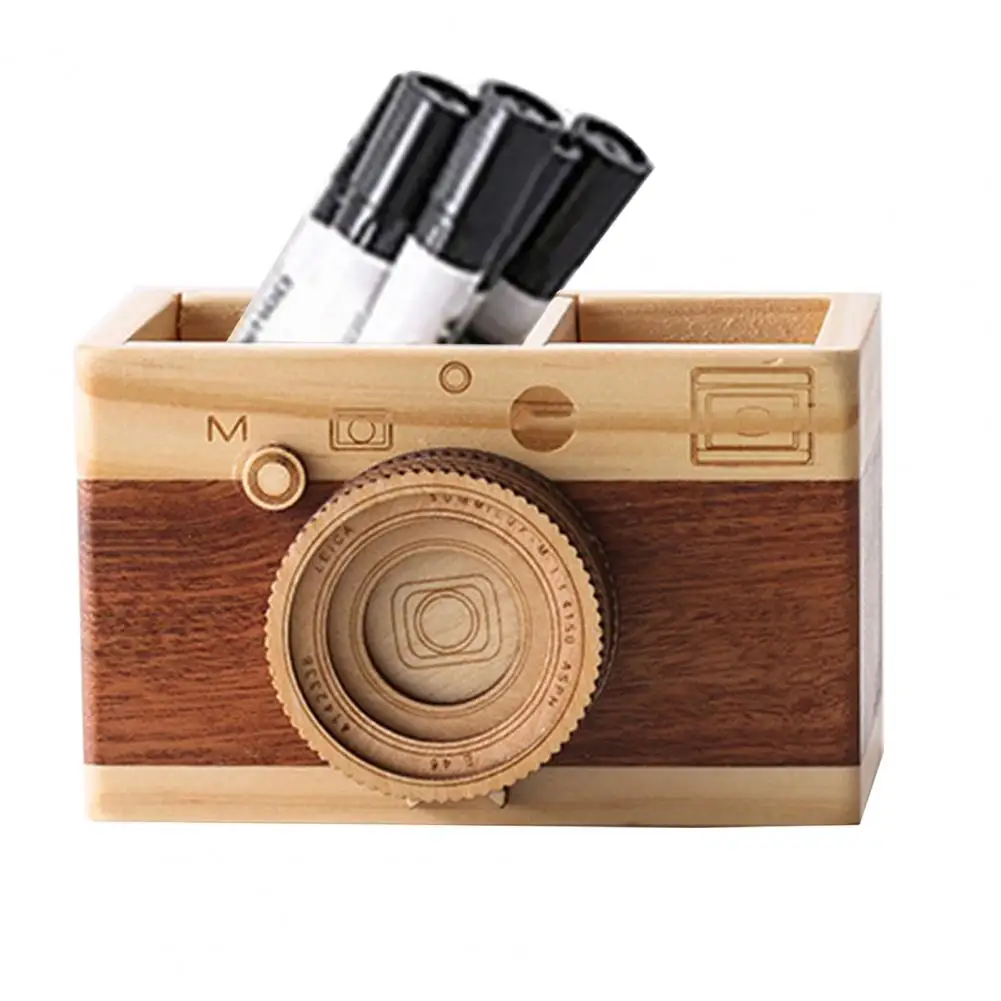 Pen Holder Camera Shape Pen Organizer Desk Art Wooden Pen Stand Pens Brushes Glasses Multi-Functional Holder